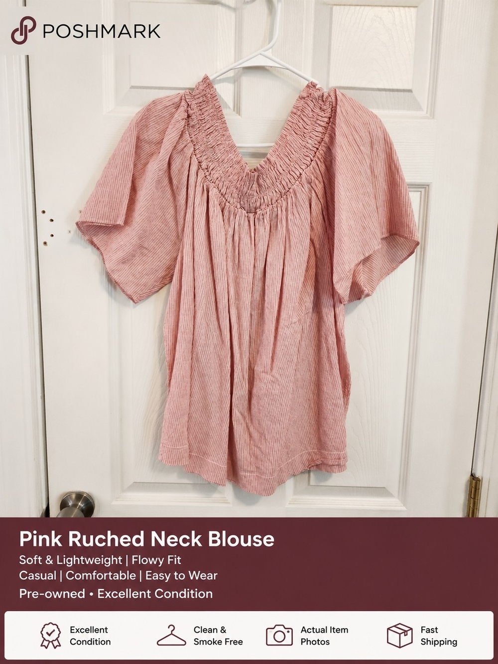Ruched V-Neck Pink Blouse - Lightweight Flowy Top